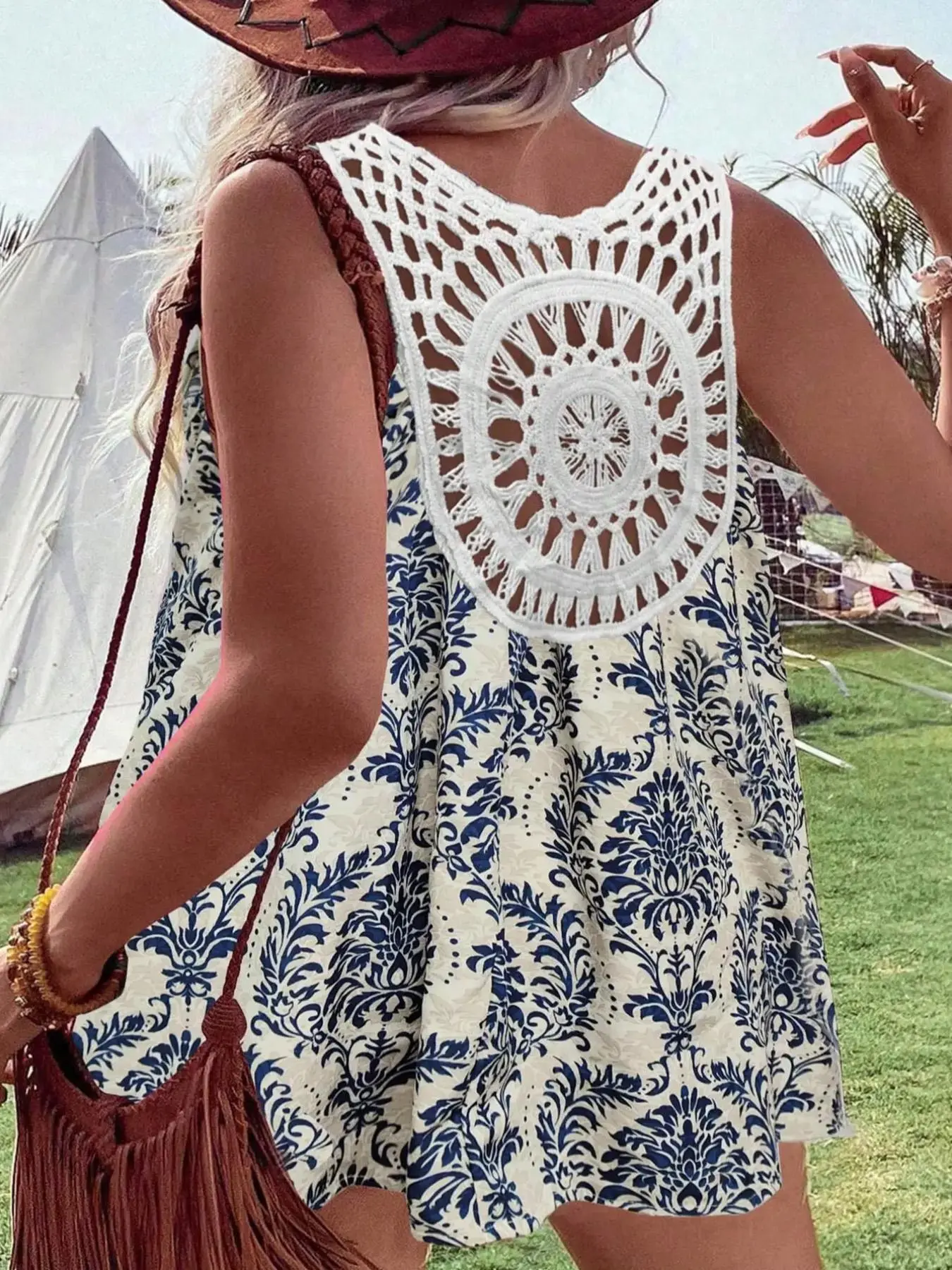 【Plus Size】 All Over Print Lace Trim Knit Top, Boho Sleeveless Top for Summer, Women's Clothes for Daily Wear