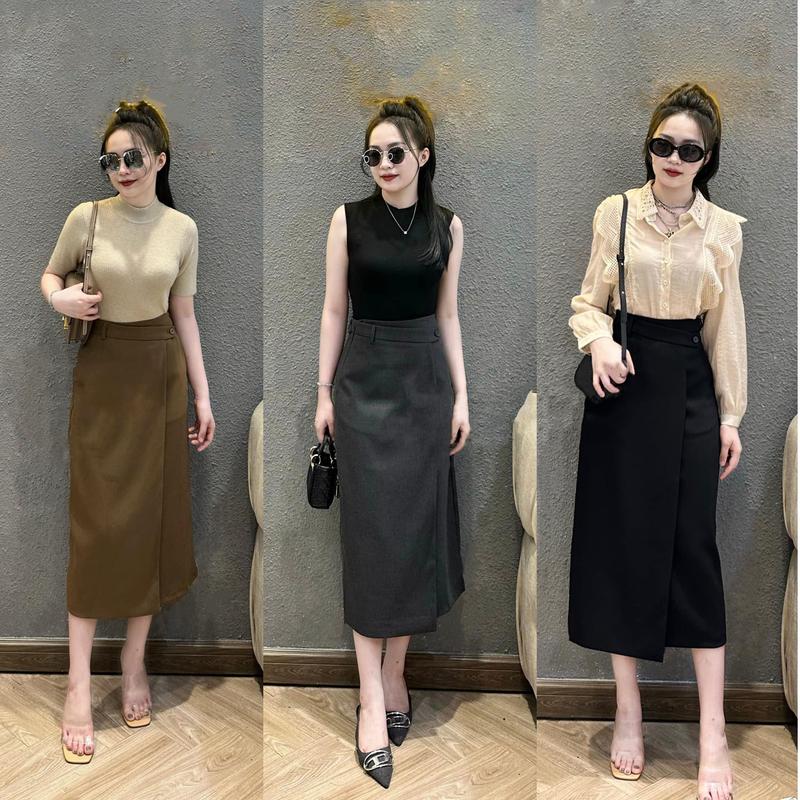  Chân váy Susuclothing suông midi dáng dài có tà đắp phối 1 cúc 1 đỉa CV05 - Nữ - Women Voi Voan 