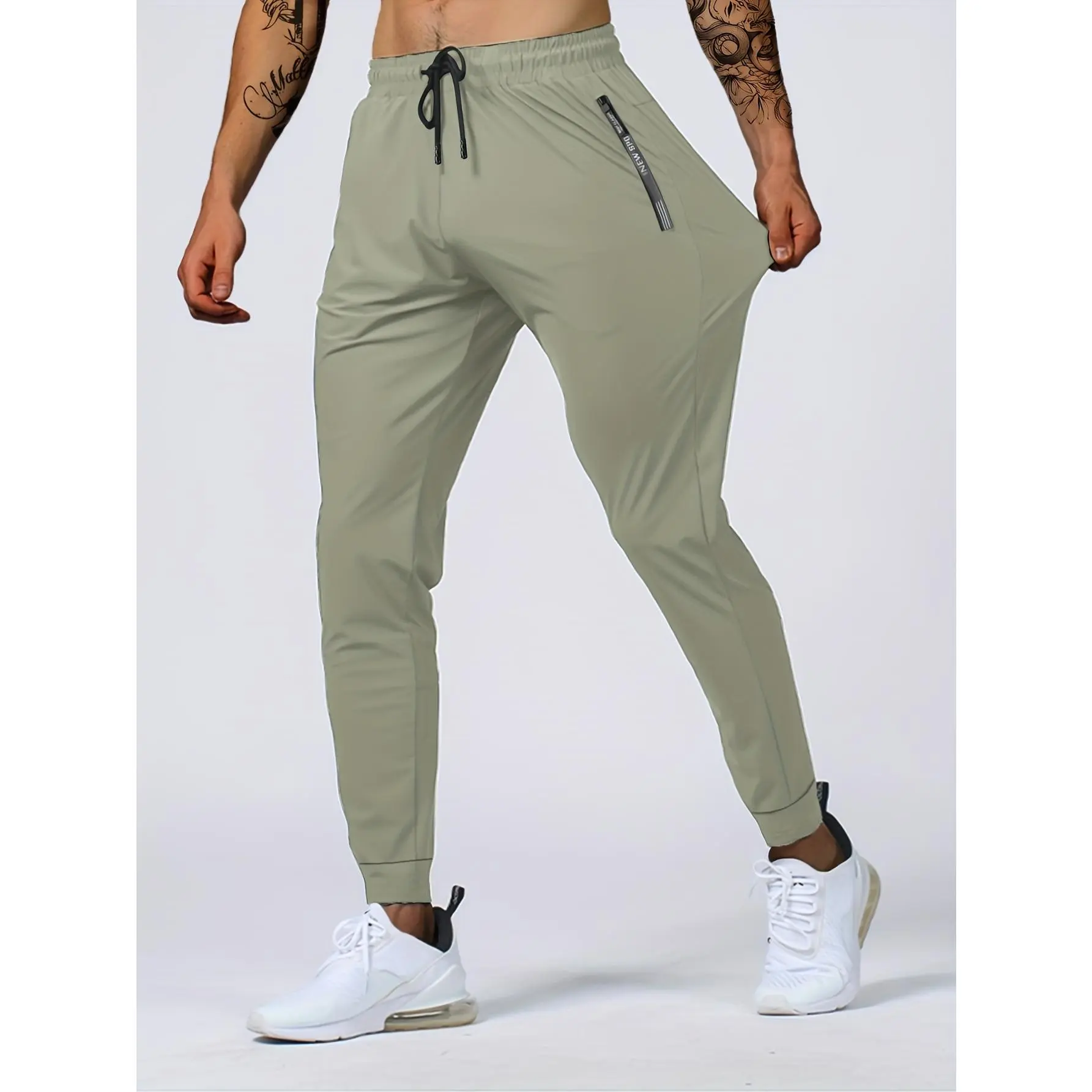 Men's Quick-Dry Active Casual Solid Drawstring Long Pants With Zipper Pockets, Workout & Training