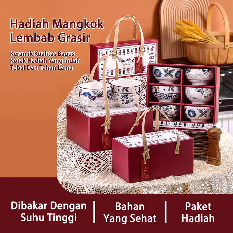 Seri Bunga Vintage Souvenir mangkuk set porselen biru dan putih bermutu tinggi mangkuk keramik kotak hadiah mangkuk Jepang kado pernikahan mangkok 4