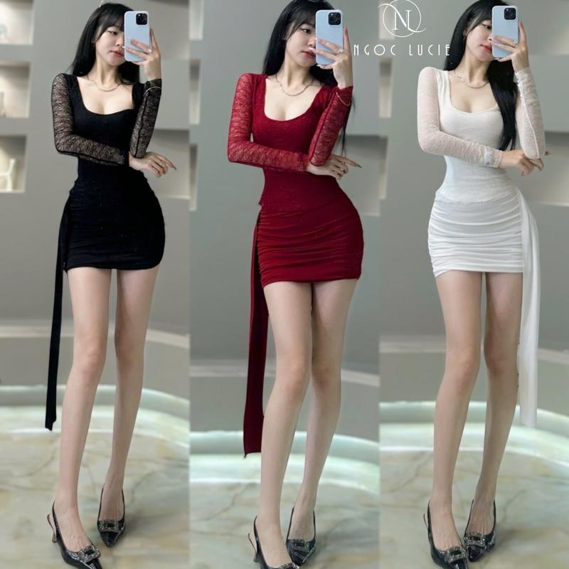 S329 - Set Đồ Nữ 2 Món Chân Váy Nhún Ngắn Tua Rua + Áo Ren Tay Dài Cổ U - Ngọc Lucie