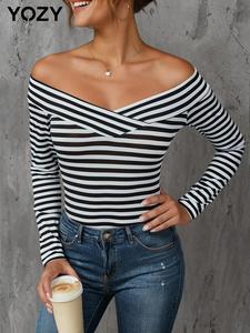 YOZY Women's Striped Print Off Shoulder Tee, Casual Long Sleeve T-shirt for Spring & Fall, Women's Top for Daily Wear