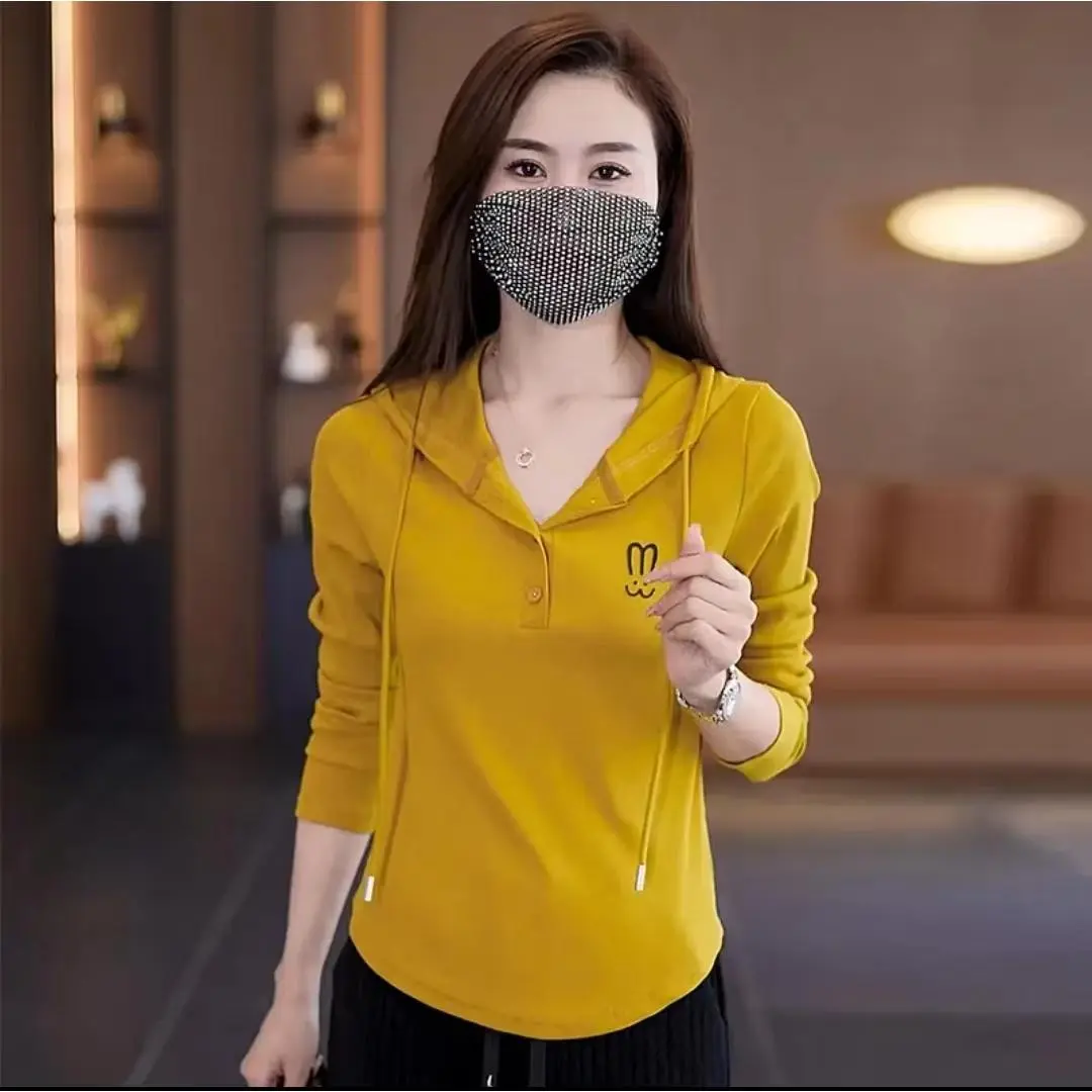 Slimming Hooded High-end Women's Spring and Autumn Ribbed Simple 2024 Age-reducing Sweatshirt Long Sleeve T-shirt Young Mom Outfit