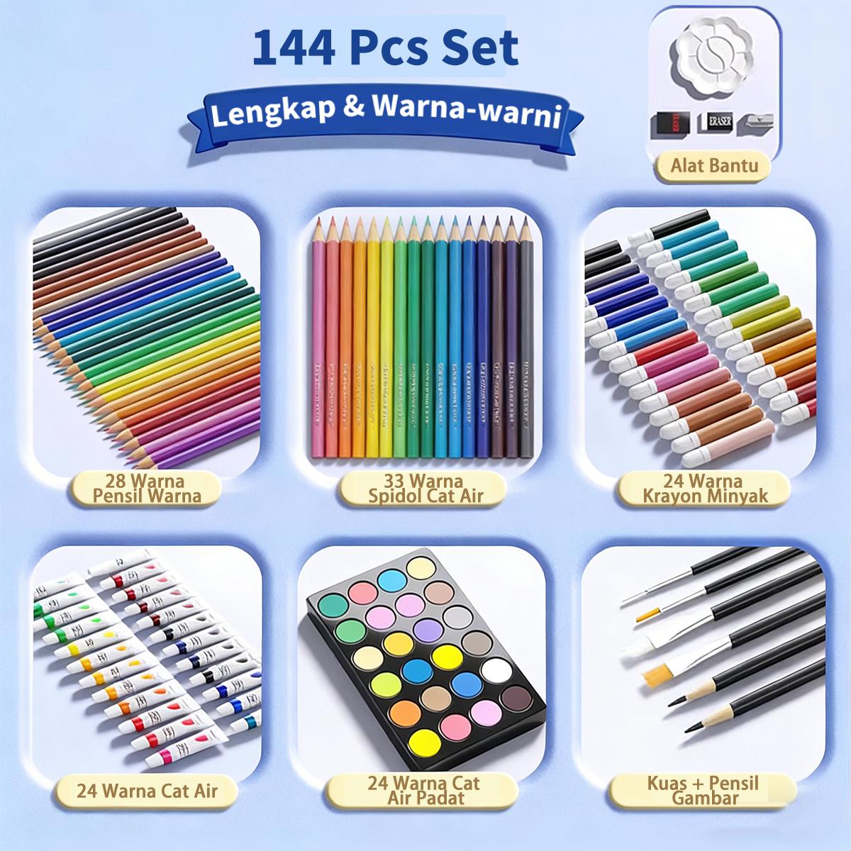 [DOTDING]Set Cat Air Deluxe 144PCS Alat Menggambar Portabel Dengan Tas Pembawa Cat Air Crayon Minyak Pensil Warna Untuk Hadiah Anak Perlengkapan Seni & Alat Tulis Sekolah