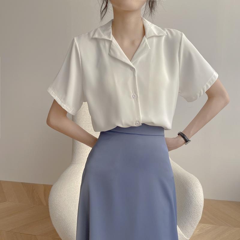 Product Introduction of Temperament Lapel Shirt Loose All-Match Short-Sleeved Shirt Summer Korean Short-Sleeved Plain Loose Shirt Top Women's Shirt Women's Shirt Basic Casual Fit 3
