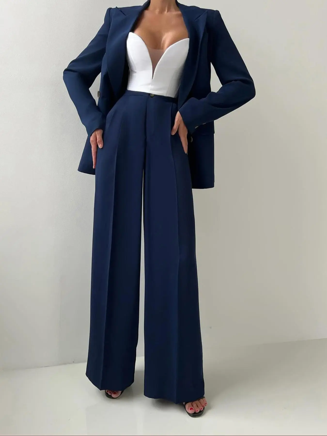 Women's Solid Double Button Lapel Neck Blazer & Pocket Trousers Two-piece Set, Elegant Fashion Casual Two Piece Outfits for Work Office Business, Co-ord Sets, Ladies Fall & Winter Clothes