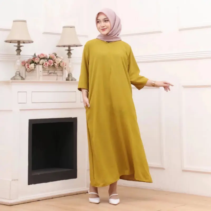 GAMIS LONG DAILY SEMI ABAYA LONG DRESS TANGAN 3/4 CRINKLE AIR FLOW Muslim Wanita Airflow Maxi Dewasa Syari Lebaran Panjang Remaja Daster Katun Basic Simple 5