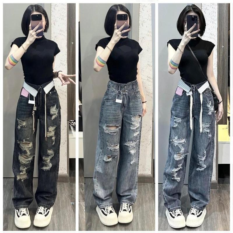 Quần bò ống rộng MELINA quần jean rách cạp cao bẻ cạp, đai bản to màu đen ánh rêu, xanh nhạt size S M L SPG quan  jean ong rong Nữ