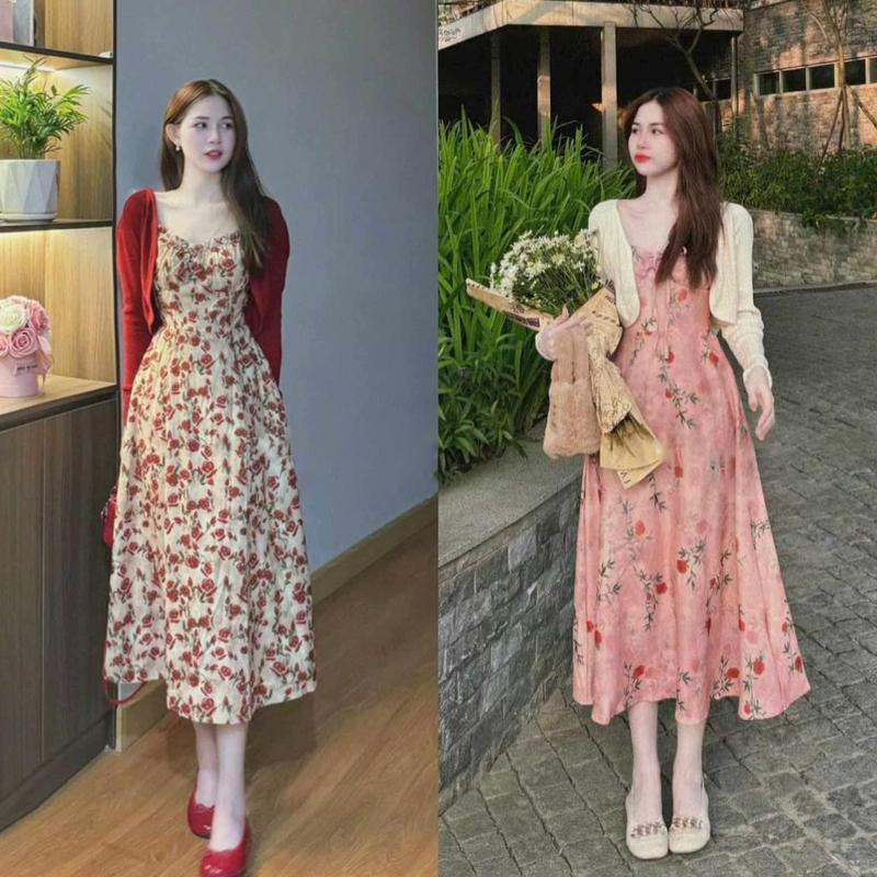 Sét Đầm Váy Nữ Voan Hoa, Kèm Áo Khoác Thun Tăm Sang Chảnh Thích Hợp Cho Các Nàng Đi Chơi, Đi Dã Ngoại Cùng Với Hội Bạn Bè Women Top Kem Voi Dress Sen