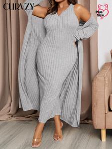 CURVZY Plus Size Solid Color Ribbed Two-Piece Set, Casual Tummy Control Drop Shoulder Open Front Outerwear & Notched Neck Tank Dress Set, Women Plus Clothing for Spring & Fall