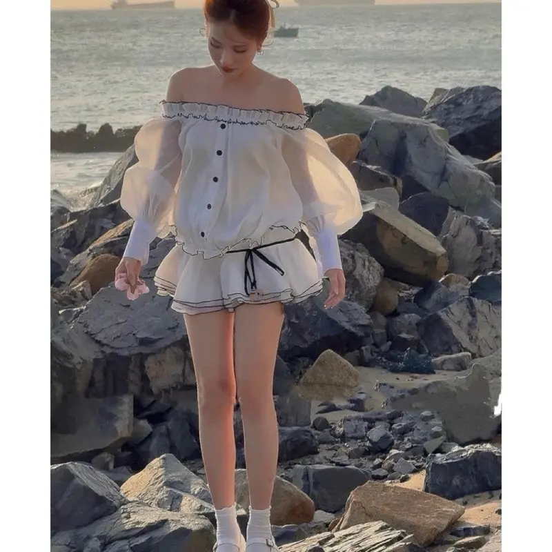 Váy trễ vai bèo viền đen chất tơ xốp dáng bí có quần rời - Nữ - Women - Tre Dress Teheeshop váy  tiệc 3
