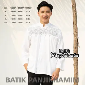 Baju Koko Putih Pria Dewasa Lengan Panjang Bordir Kemeja Atasan Muslim Katun Adem Saku Samping Batik Panjikhamim Kancing Kombinasi