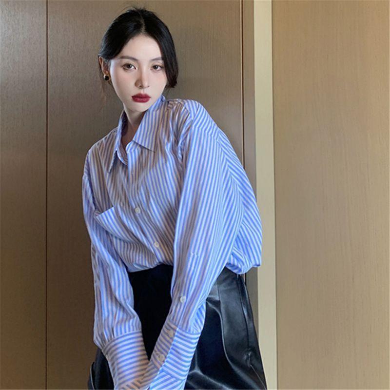 Áo Sơ Mi Sọc Tím, Dành Cho Nữ, Phong Cách Hồng Kông Cổ Điển Dáng Rộng Vừa Vặn, Phong Cách Bf Lười Biếng, Áo Sơ Mi Dài Tay, Thiết Kế Thanh Lịch Và Sang Trọng, Áo Hàng Đầu 6