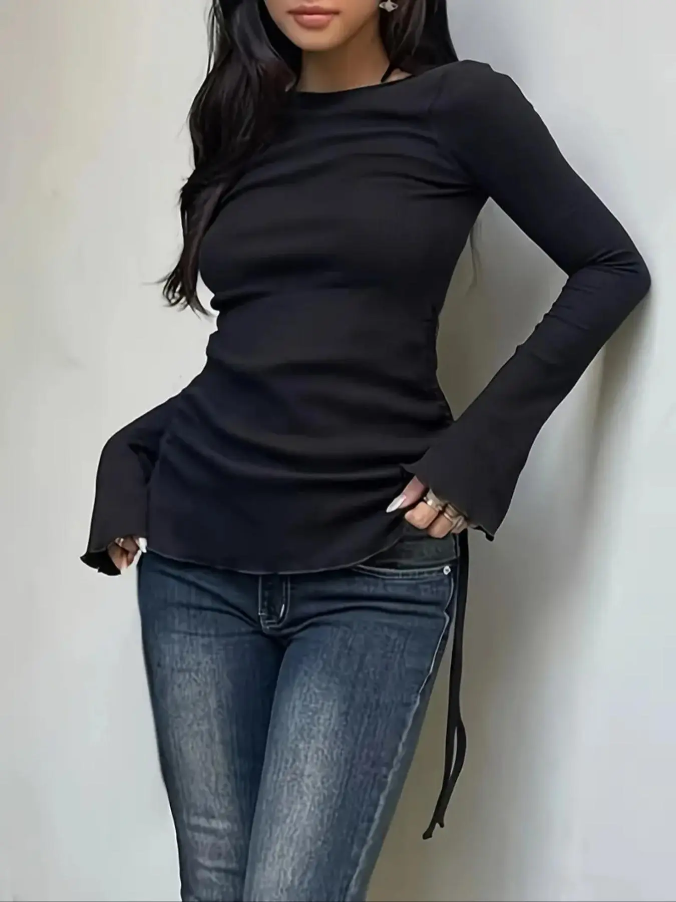 Women's Solid Color Tie Side Long Sleeve Tee, Y2K Casual Round Neck T-shirt for Spring & Fall, Women's Top for Daily Wear