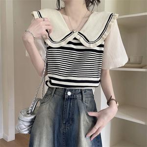 เสื้อถักนิตติ้งคอปกตุ๊กตา สไตล์ฝรั่งเศส สำหรับผู้หญิง ฤดูใบไม้ผลิ 2024 มาใหม่ ลำลอง แขนสั้น เสื้อยืด ลายทาง สีคอนทราสต์ Women Clothing Lady