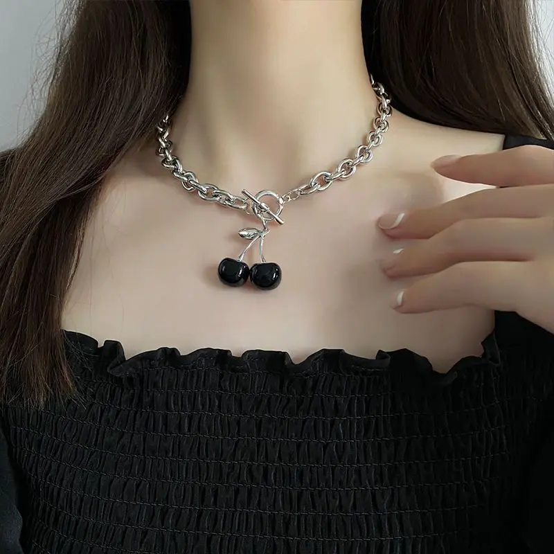 European and American Black Cherry Pendant Thick Chain Necklace for Women Ins Trend Minimalist Style Niche Design Clavicle Chain Accessory Gift