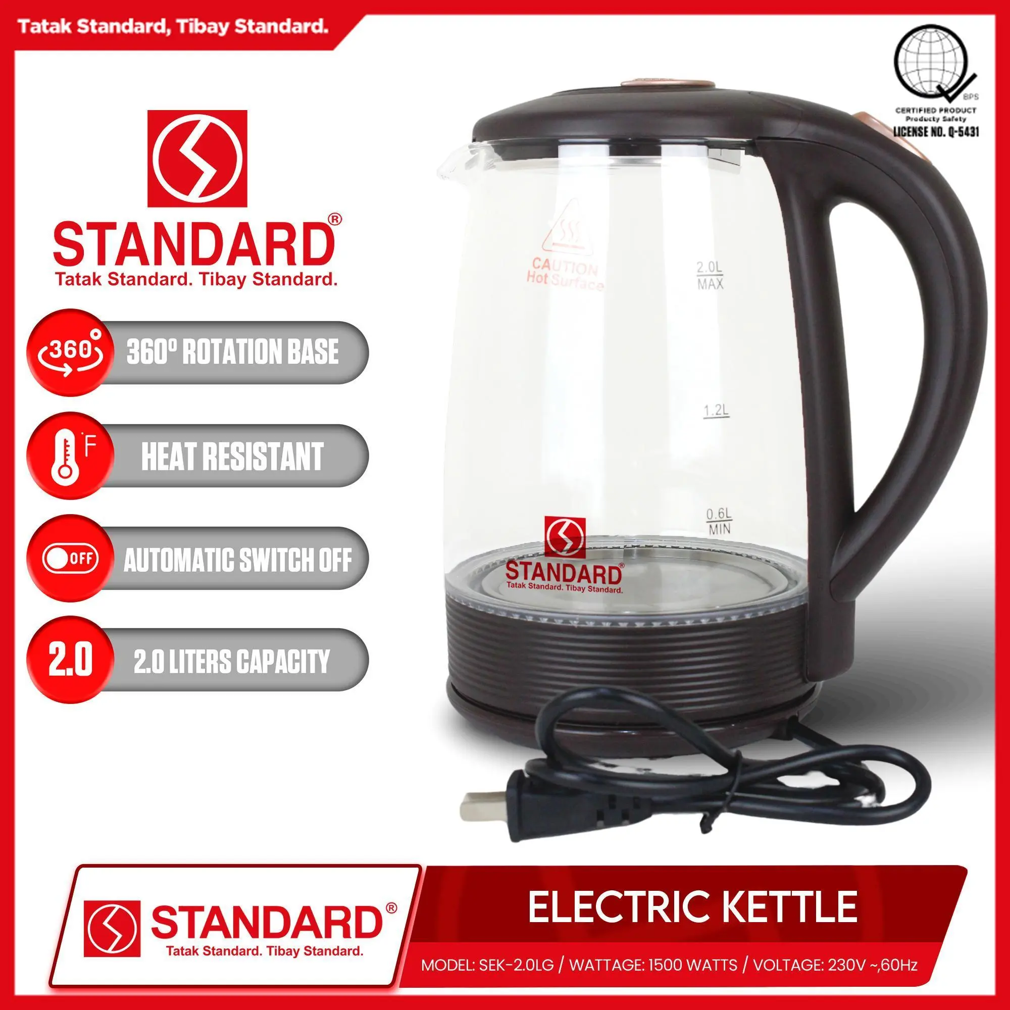 Standard Electric Kettle  SEK 2.0LG Glass with LED Lights 2L (1500 WATTS)