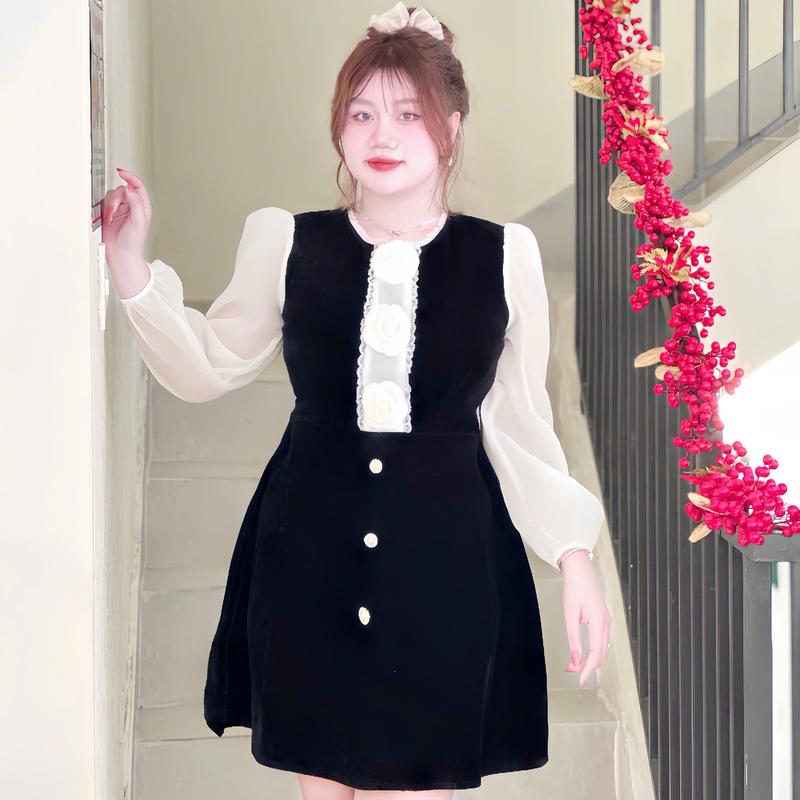 Váy BIGSIZE tiểu thư nhẹ nhàng sang chảnh hack dáng D177 đi tiệc đi làm đi chơi- Ú XINH STORE Đen Nữ Dress Đâm Nhung 3 Hoa Rời