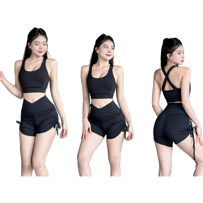 Đồ tập gym nữ, đồ tập yoga aerobic quần đùi dây rút áo bra lưng đan chéo kèm mút chất vải mềm mịn YLYSPORT D19