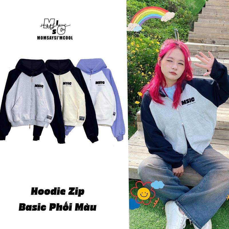  Áo Hoodie zip MSIC TAY PHỐI MÀU form NGẮN Boxy   dáng LỬNG mặc trên mông  Nữ Top 