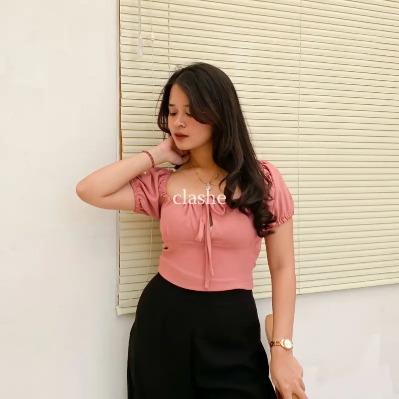 Baju Crop Wanita Atasan Lengan Pendek Crinkle Airflow Anti Lecek Korean Style Kekinian Terbaru Ootd Dea Top by Clashe 3