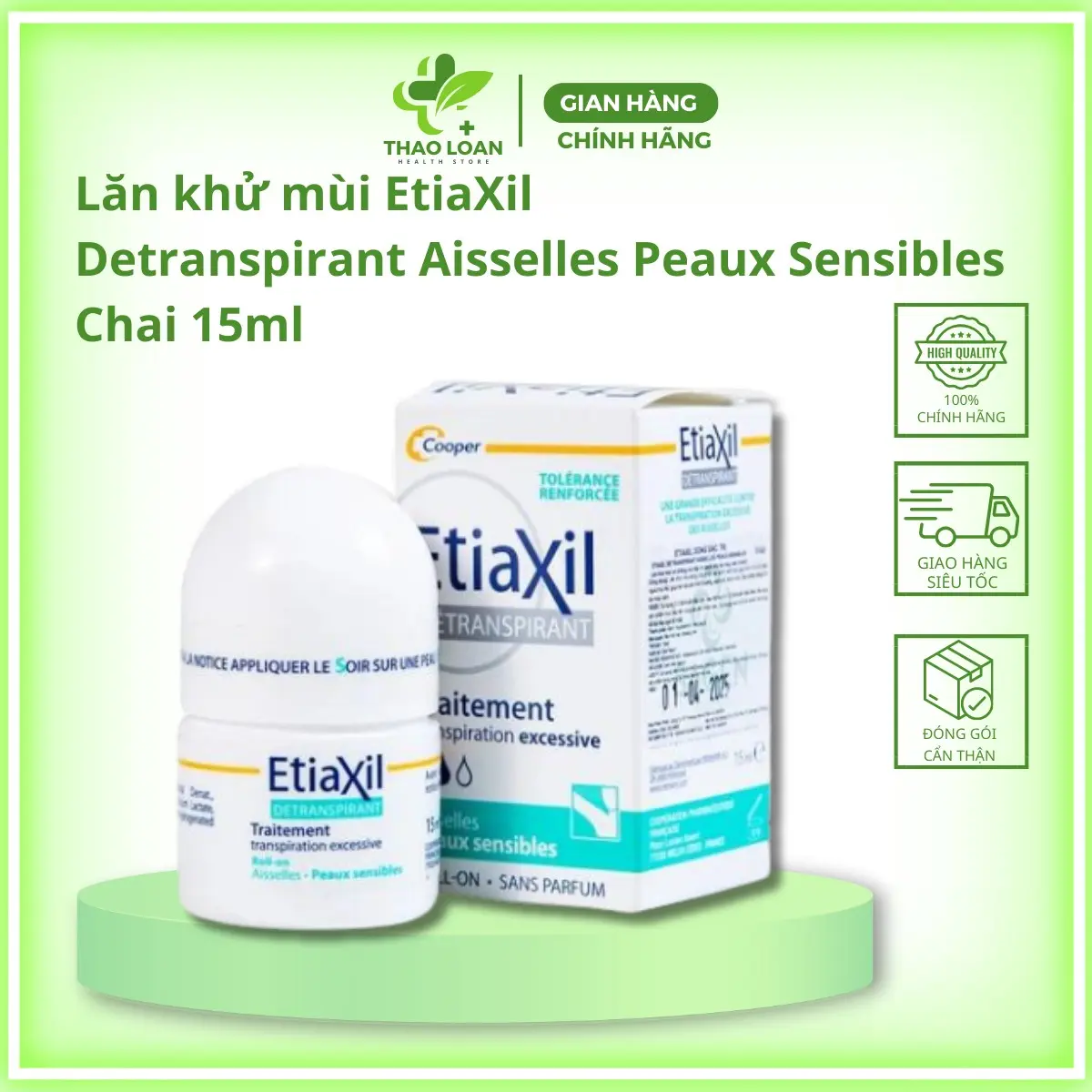 Lăn khử mùi EtiaXil Detranspirant Aisselles Peaux Sensibles chống mùi đặc trị dành cho da nhạy cảm - Chai 15ml