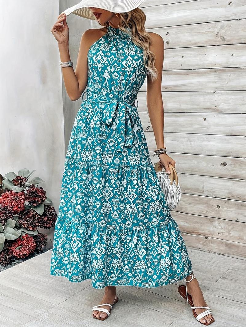 Product Introduction of Women's All Over Print Belted A Line Dress, Casual Sleeveless Keyhole Neckline Long Dress for Spring & Fall, Women's Clothing for Daily Wear 5