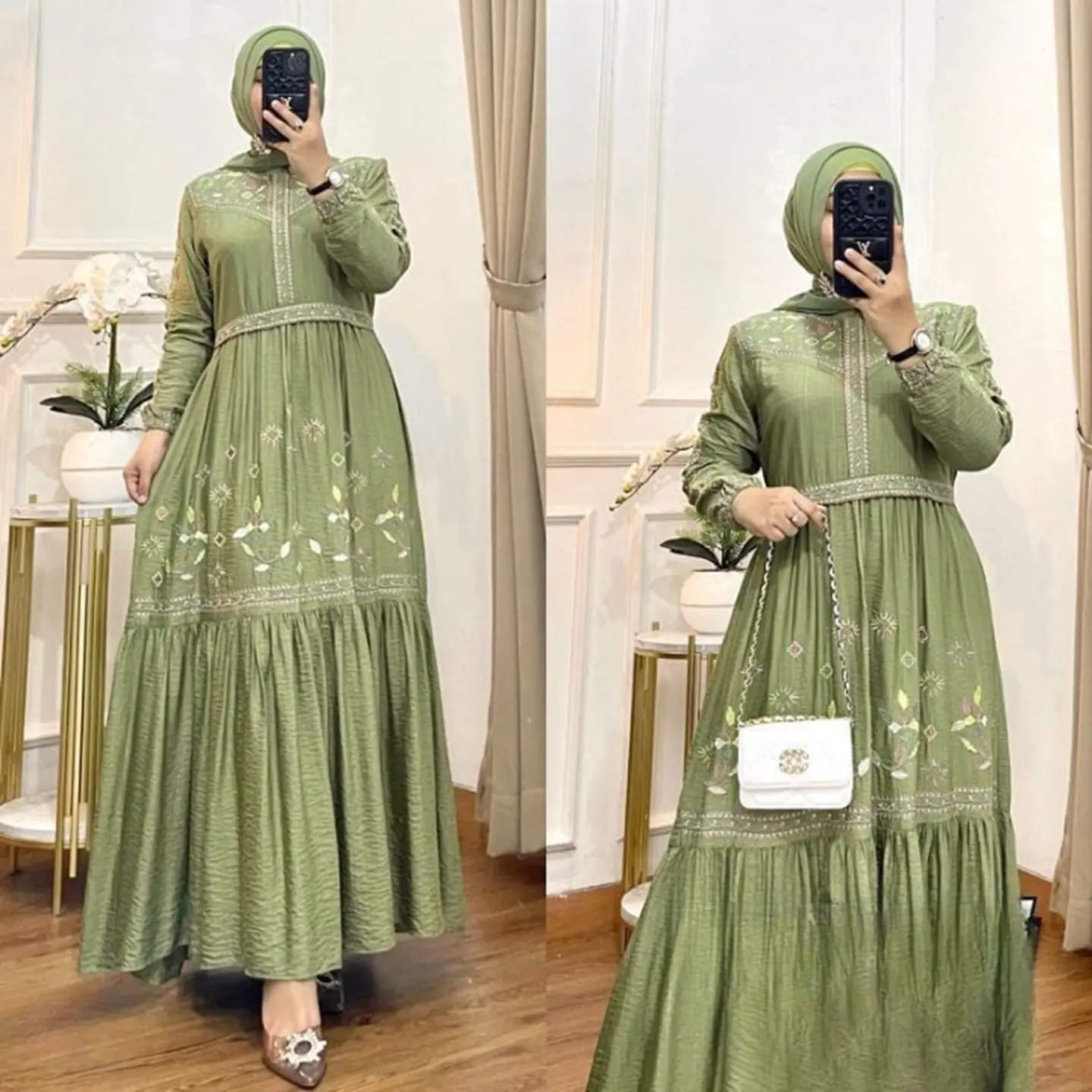 Madina Maxy Bahan Polo Linen Mix Bordir Gamis Muslim Kondangan Wanita Terbaru 2024 MC Fashion Fit Lilac