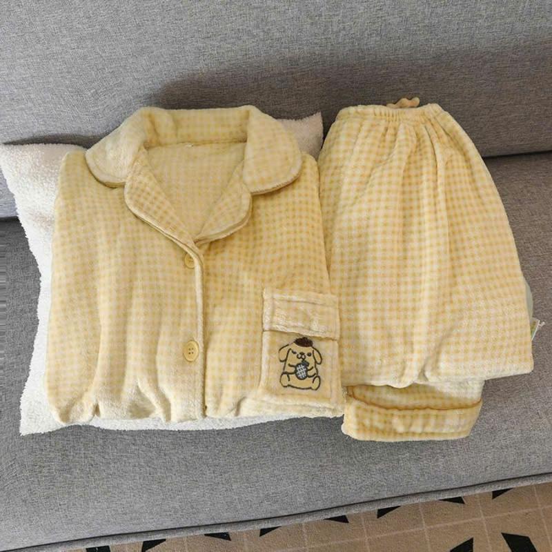 Đồ Bộ Ngủ Nữ Nỉ Bông Dài Tay Họa Tiết Kẻ Caro Vàng Cute Phong Cách Trung Quốc -BND64
