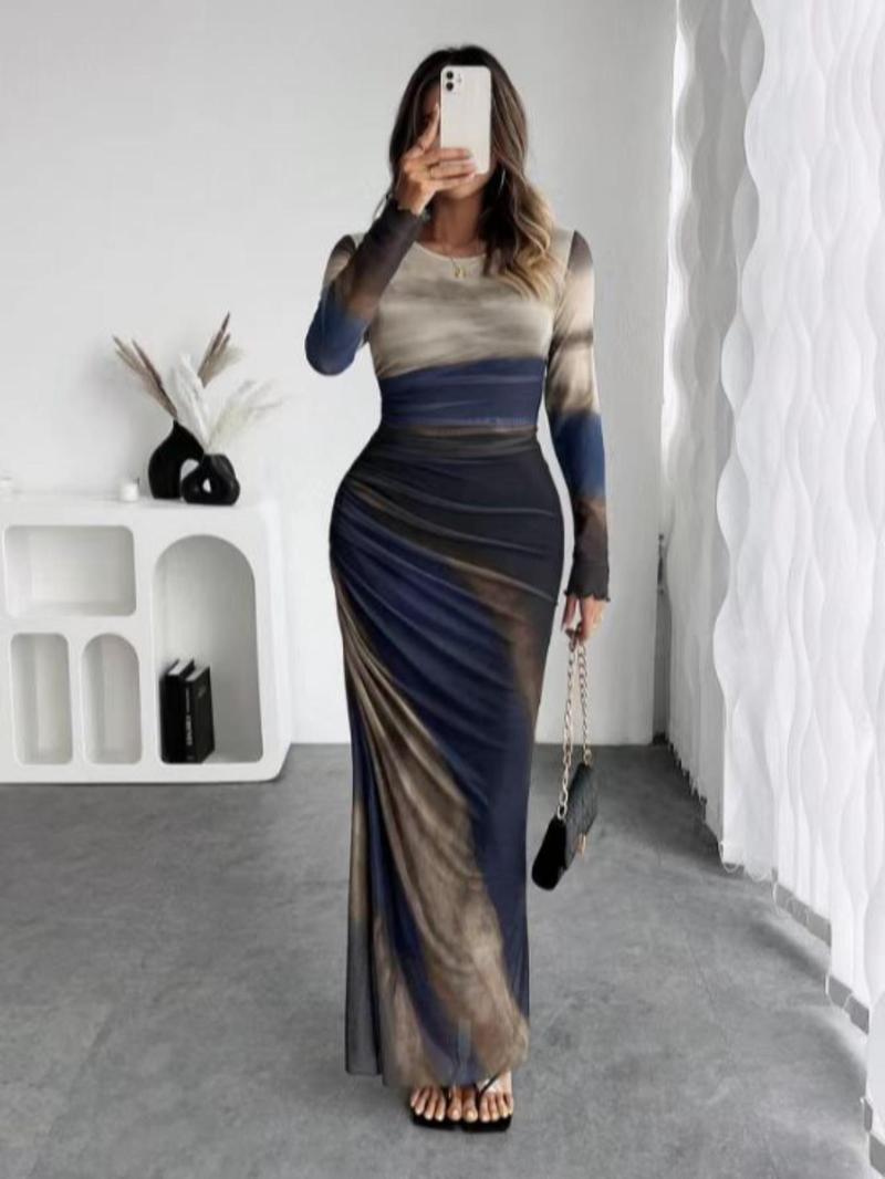 Product Introduction of Women's All Over Print Ruched Bodycon Dress, Elegant Long Sleeve Round Neck Long Dress for Party Holiday Wedding Guest, Ladies Clothes for All Seasons， Tall Clothing Women 8