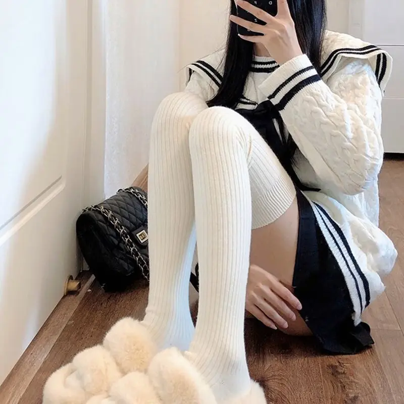 Women  Tất Cotton Dày Cho Nữ  Thun , Tất Đầu Gối, Màu Trơn, Đơn Giản, Sọc Dọc, Ấm Áp, Cho Mùa Thu Và Mùa Đông Xám