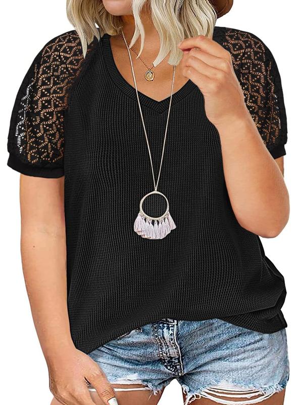 【Plus Size】Plain Contrast Lace Tee, Casual V Neck Short Sleeve T-shirt for Summer, Women's Plus Clothing for Daily Wear 0