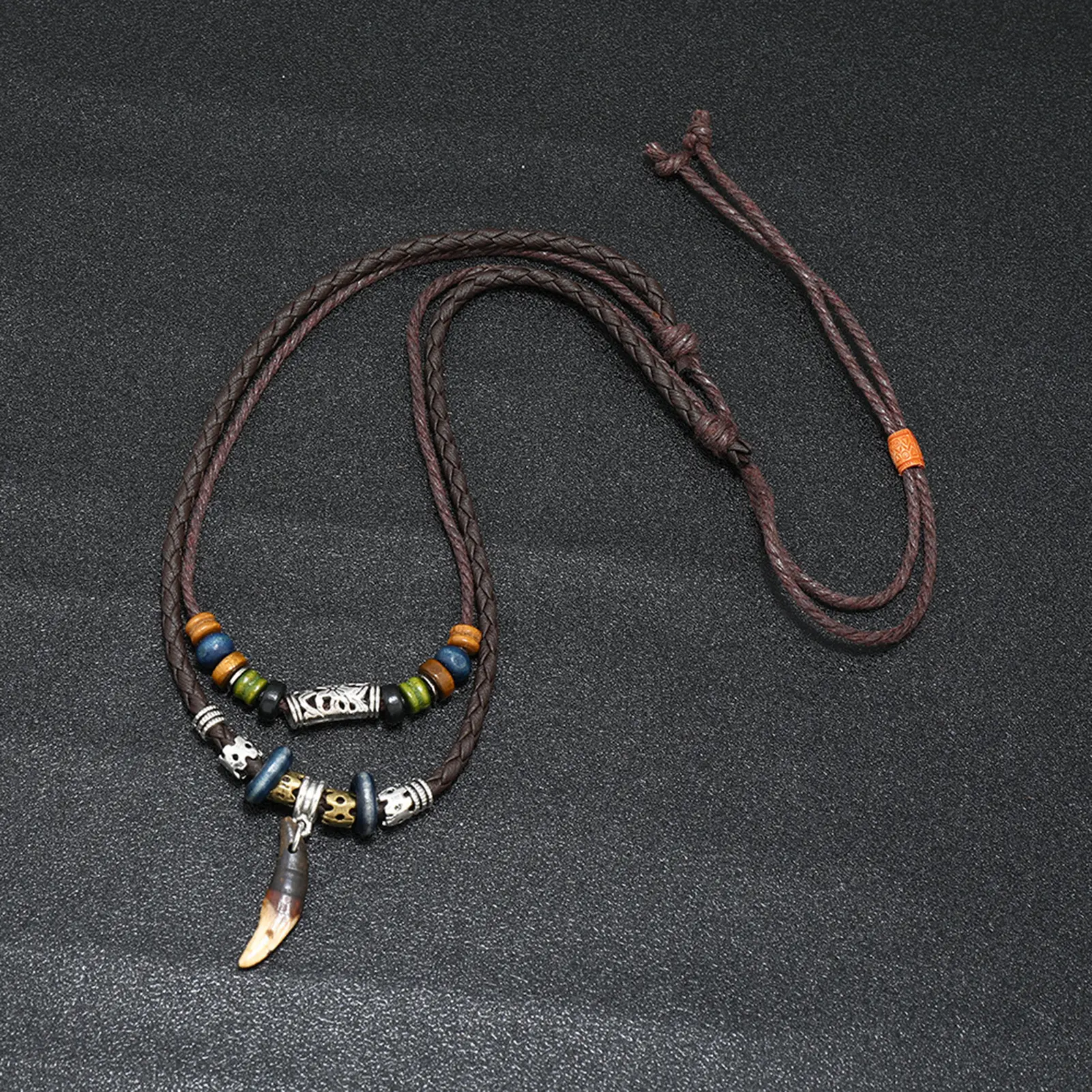 Men Necklace Handmade Ethnic Retro Style Pendant Weaved Neck Ornament Faux Leather Goth Multi-layer Vintage Tooth Pendant Necklace Clothing Accessory