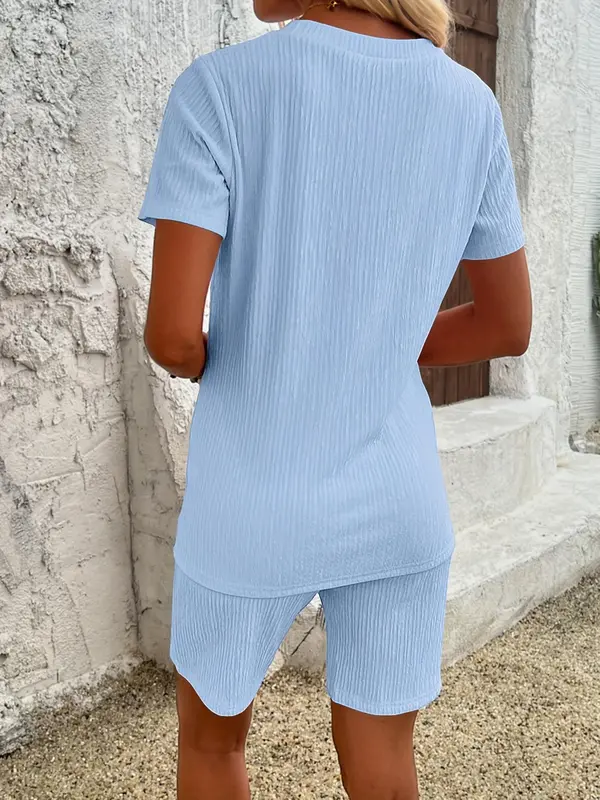 Women's Textured Top & Drawstring Waist Shorts Two-piece Set, Casual Short Sleeve Round Neck Top & Elastic Waist Shorts, Summer Outfits Clothes Set for Ladies Outdoor Holiday 3