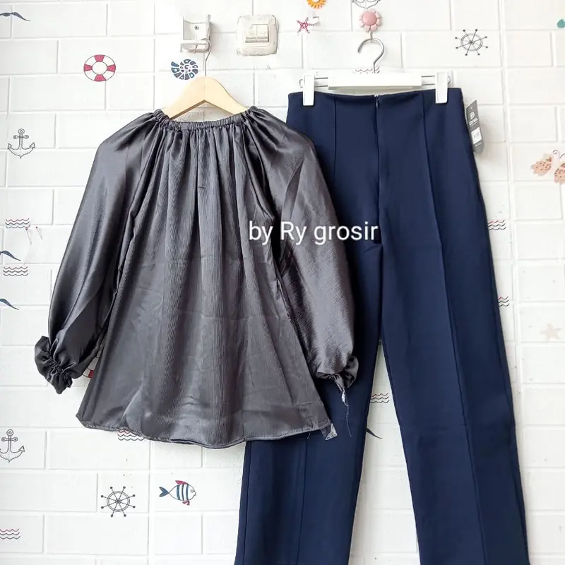 Setelan Wanita Naila Blouse Shimmer Celana scuba Panjang 2