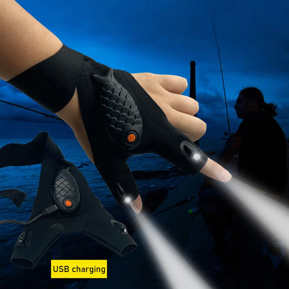 Rechargeable Flashlight Gloves Fingerless Gloves LED Lighting Repair Finger Lamp For Outdoor Night Fishing Camping Hiking Tool #436889