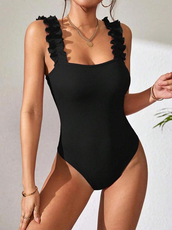 Women's Plain Frill Trim Square Neck Tank Bodysuit, Comfort Breathable Casual Sleeveless Bodysuit for Summer, Ladies Clothes for Daily Wear, Summer Clothes 5