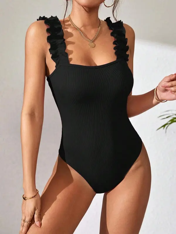 Women's Plain Frill Trim Square Neck Tank Bodysuit, Comfort Breathable Casual Sleeveless Bodysuit for Summer, Ladies Clothes for Daily Wear, Summer Clothes 5