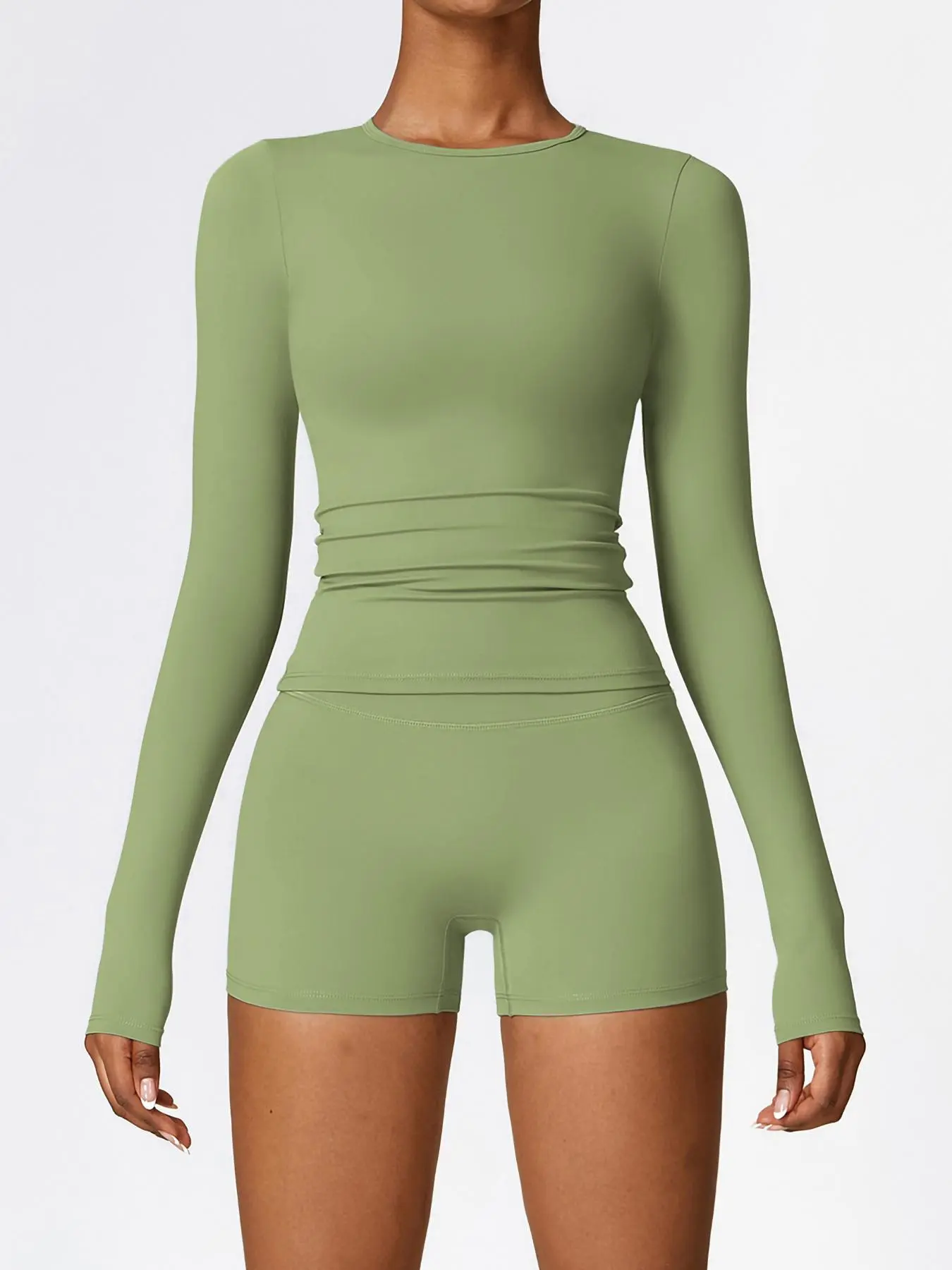 Women's Solid Long Sleeve Tee & Skinny Shorts Two-piece Set, Casual Round Neck T-shirt & High Waist Shorts for Daily Wear, Ladies Clothes for All Seasons