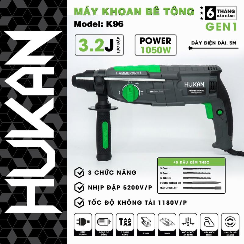  Máy khoan bê tông Hukan K96 3 chức năng 1080W 5m dây lực búa 3.2J hàng chính hãng tặng kèm 3 mũi khoan 2 mũi đục 