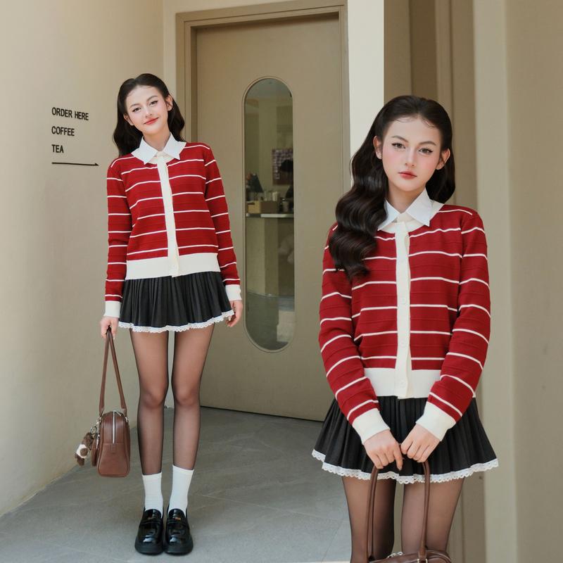 DELIZ - Áo len khoác ngoài nữ dài tay cardigan tông màu đỏ trầm phối kẻ basic CD835