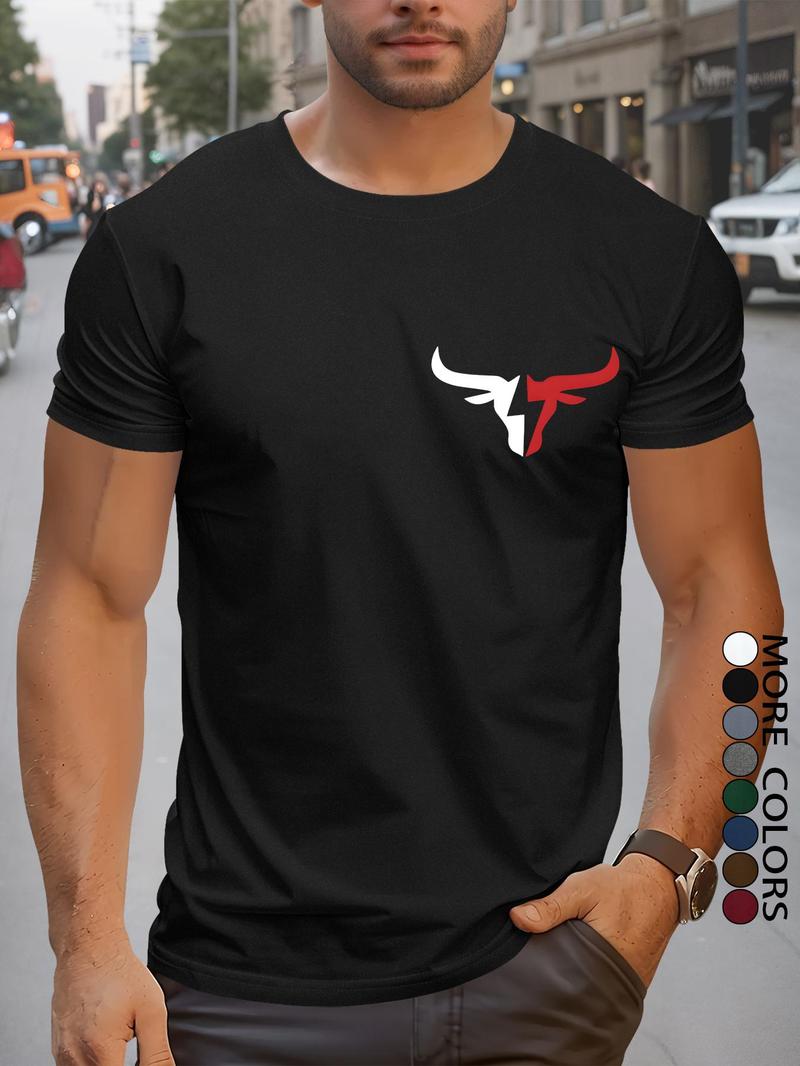 Product Introduction of Men's Regular Fit Bull Head Print Round Neck Tee, Casual Short Sleeve Crew Neck T-shirt for Summer, Fashion Men's Top for Daily Wear 5