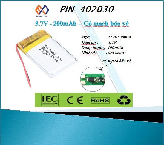 Pin sạc 402030 200mAh 3.7V (có mạch bảo vệ)