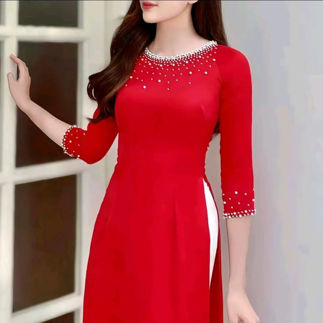 Áo dài trẻ trung chất liệu lụa mỹ 2 tà co giãn , mềm mịn ( không kèm quần )