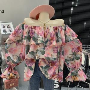 เสื้อท็อปส์ซู มาใหม่ ไหล่ข้างเดียวหรูหรา เสื้อเชิ้ตแขนยาวพิมพ์ลาย