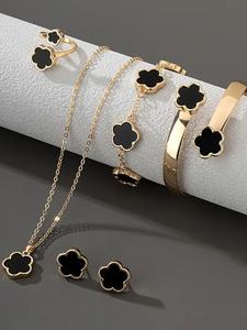 Conjunto de Joyería con Diseño de Flores, Conjunto de Joyería a la Moda para Mujeres, Incluye Aretes, Collar, Pulsera y Anillo, Conjunto de Joyería Combinable y Exquisito para Regalo de Cumpleaños