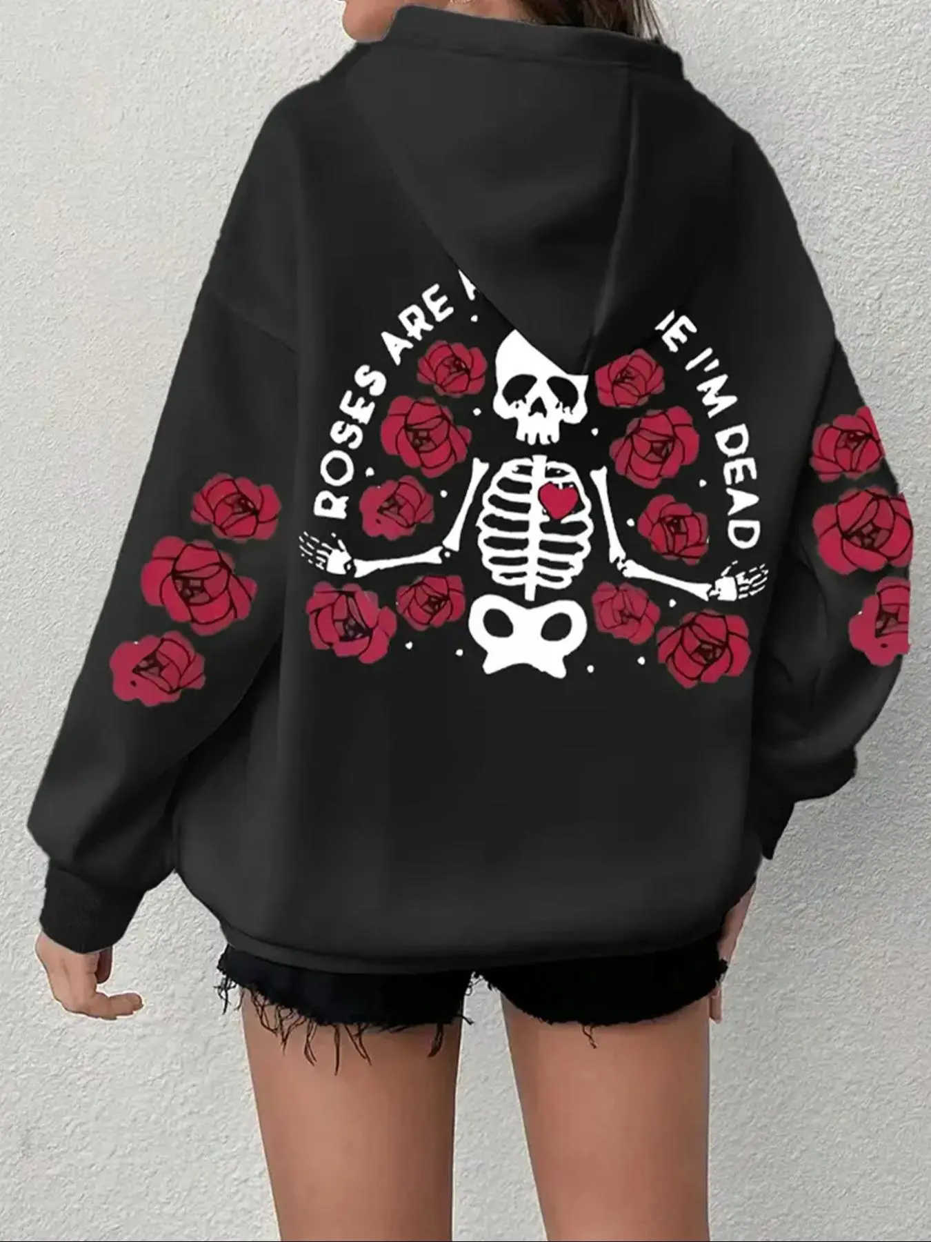 【Plus Size】 Floral & Skeleton Print Drop Shoulder Thermal Lined Hoodie, Fashion Casual Drawstring Pocket Hooded Sweatshirt for Daily Holiday Outdoor Wear, Women Clothing for Fall & Winter