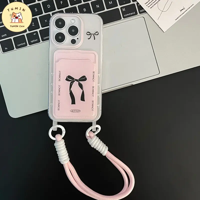 Casing Tempat Kartu Dompet Simpul Pita Hitam Lucu Kompatibel Untuk IPhone 11 13 15 12 14 Pro Max XR X XS Max 7 8 15 Plus 7Plus SE 2022 Fashion Kreatif Mewah Penutup Lembut 7