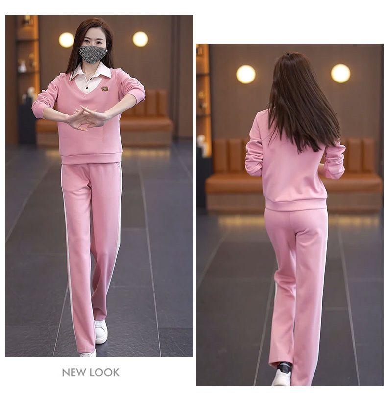 Product Introduction of Bộ Đồ Quần Áo Thể Thao Thường Ngày Cho Nữ, Bộ Sưu Tập Mùa Xuân Và Mùa Thu, Thời Trang Mới, Thích Hợp Cho Mẹ Trẻ, Áo Sơ Mi Chắp Vá, Cổ Áo, Áo Len Mỏng, Bộ Hai Mảnh 12