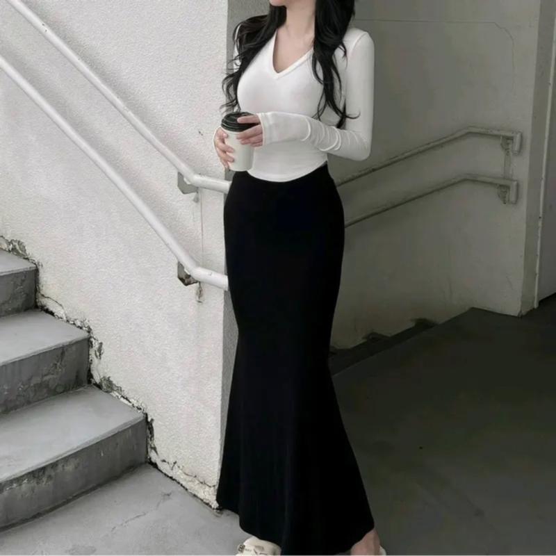 S15 SET Có Áo Lẻ cổ tim bo nhún tay dài phối chân Váy đuôi cá xoè Nữ Women Top